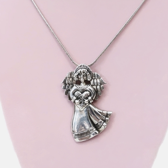Vintage Sterling Silver Large Angel Brooch Pin Necklace Pendant with 20" Chain - Picture 1 of 14